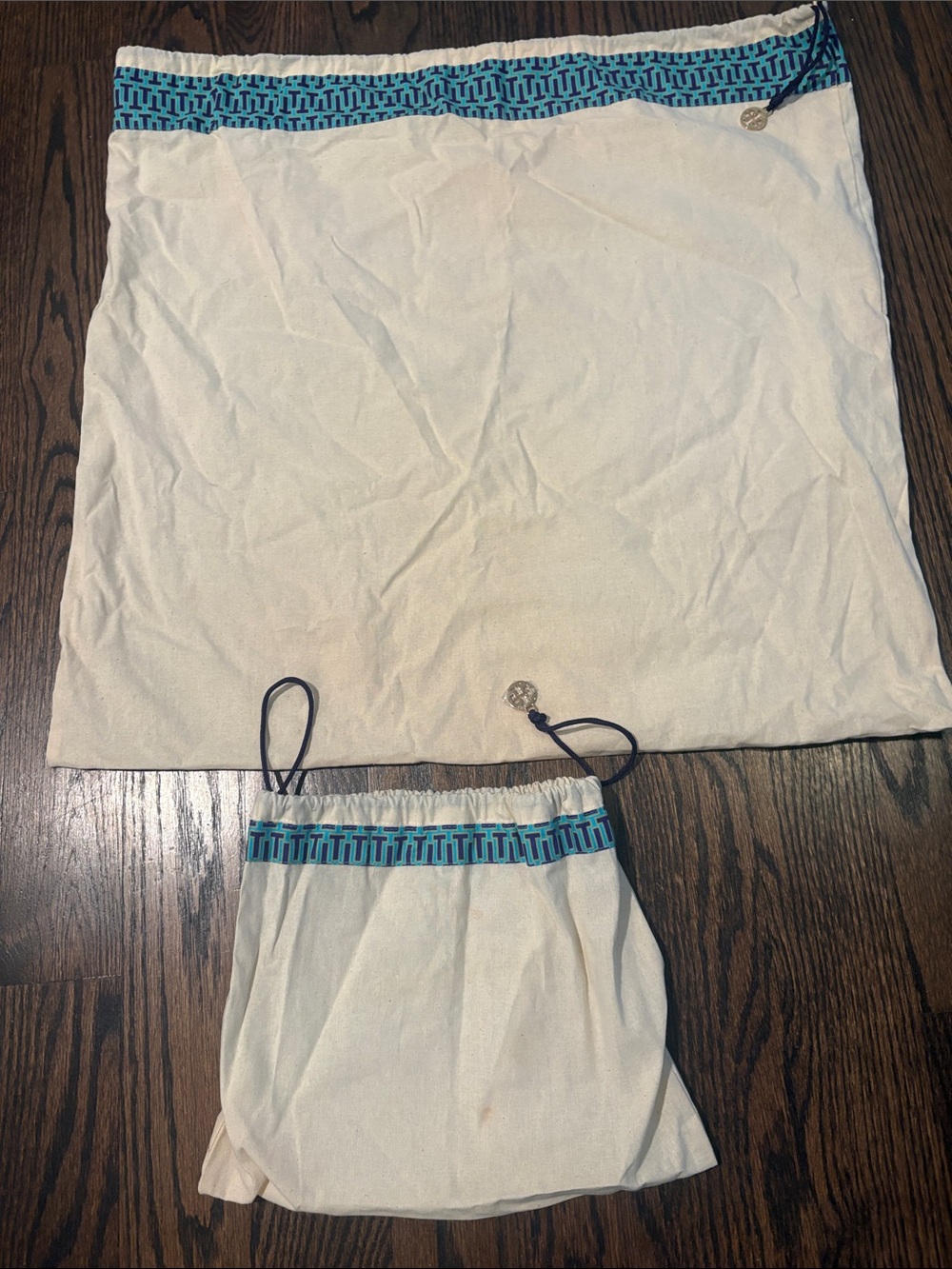 Tory Burch Large and Small Dust Bag Set - Cream with Blue Trim